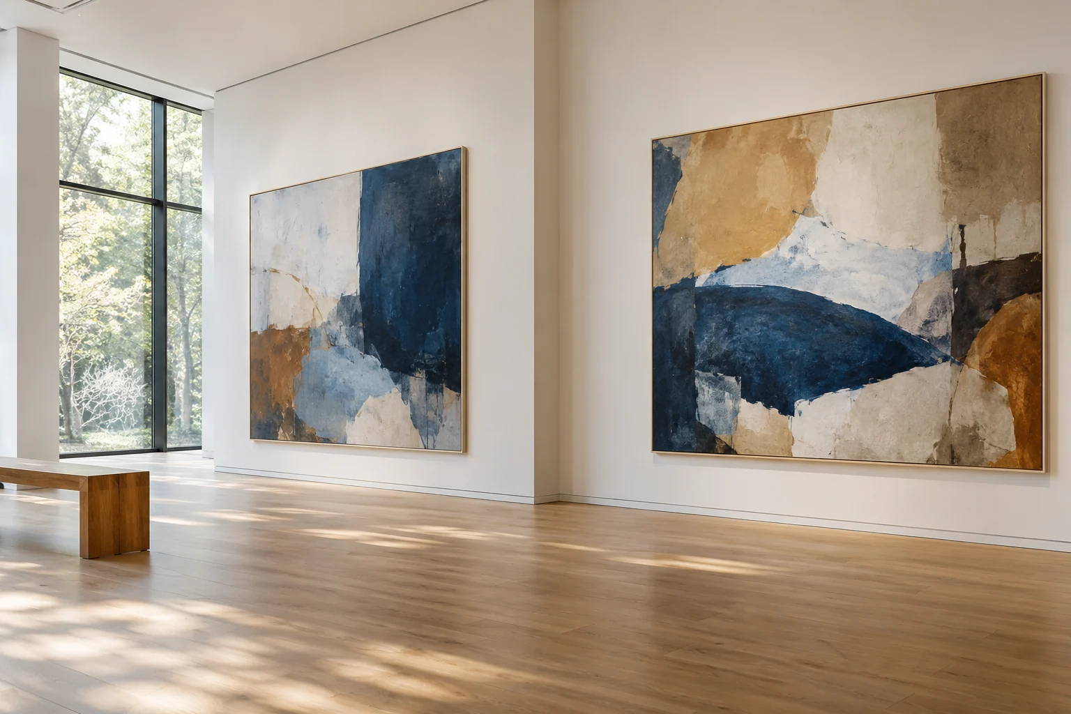 Quiet gallery interior with original abstract paintings.